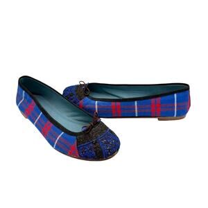 Meher Kakalia Bizi Tartan Plaid Blue Red Embroidered Toe Academia Ballet Flats